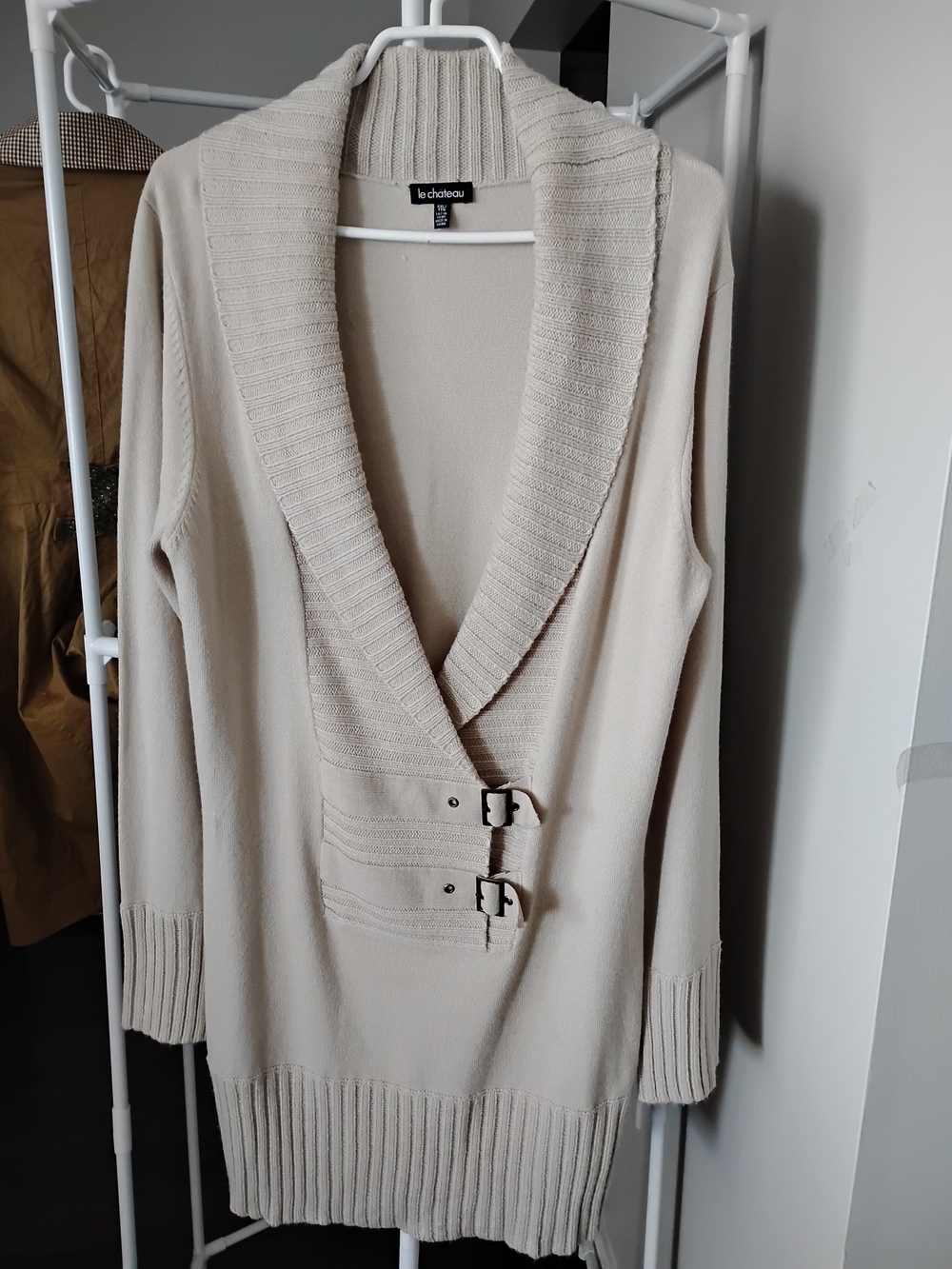 Le Chateau Women's Shawl Collar Cream Long Sleeve Double Buckle Belted Sweater